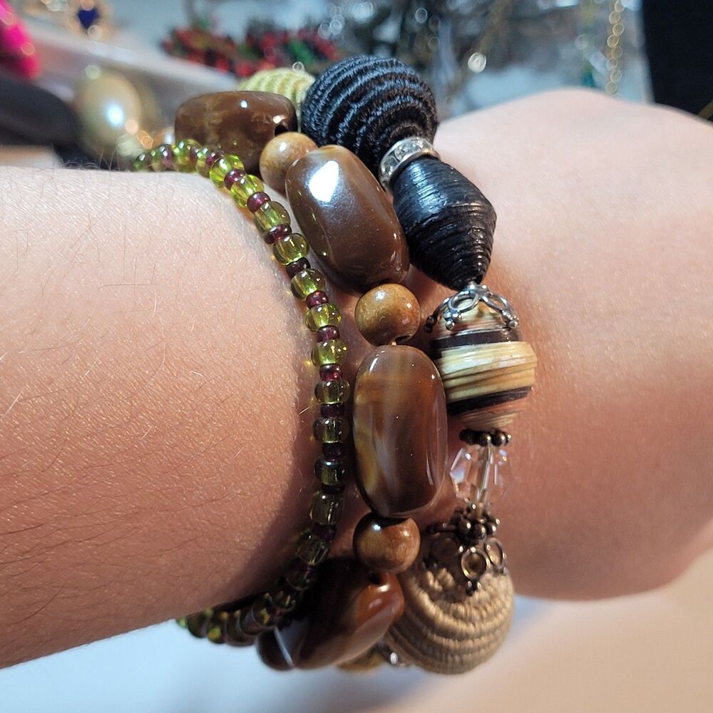 Boho Earth Tone Brown Green and Cream Bracelet Set of 3 Women's Jewelry Boho